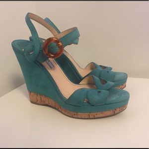 Prada Turquoise Blue Suede Wedge Heels 37.5